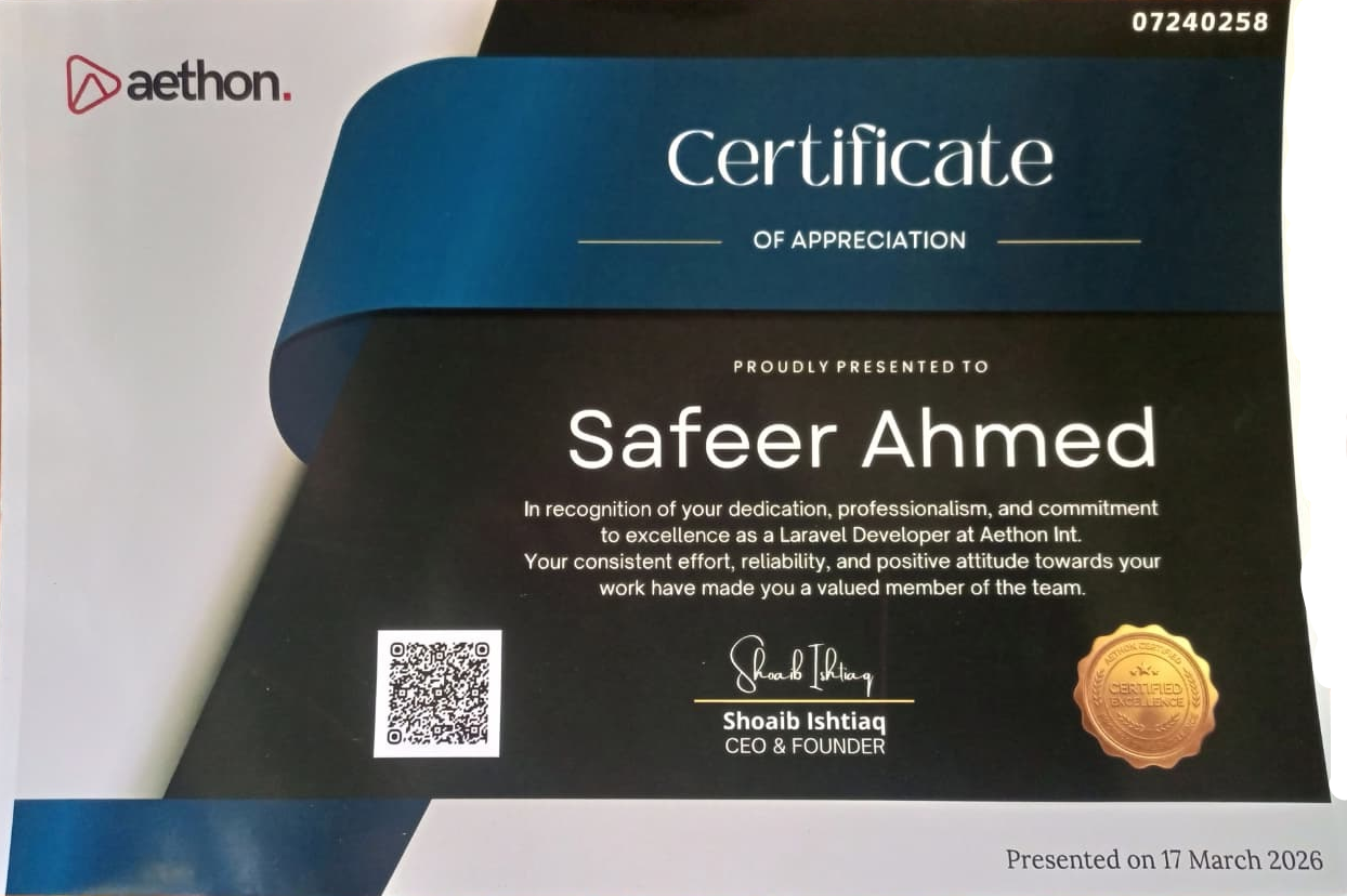 Safeer Ahmed Certificate of Appreciation Aethon