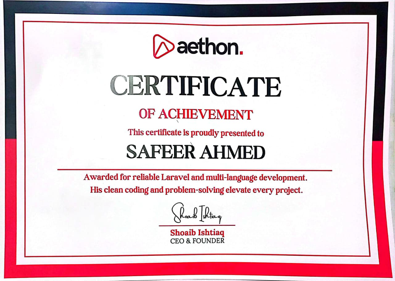 Safeer Ahmed Laravel Developer Achievement Award